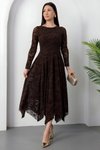 Kahverengi Flok Baskılı Uzun Kayık Yaka Dantel Elbise