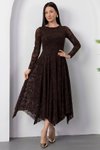 Kahverengi Flok Baskılı Uzun Kayık Yaka Dantel Elbise