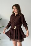 Kahverengi Mini Gömlek Katlı Kemerli Dantel Biyeli Elbise