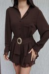 Kahverengi Mini Gömlek Yaka Dantel Detay Elbise