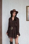 Kahverengi Mini Gömlek Yaka Dantel Detay Elbise