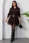Kahverengi Mini Gömlek Yaka Kemerli Dantel Detaylı Elbise