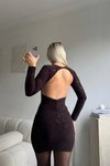 Kahverengi Mini Simli Sırt Dekolteli Abiye Elbise