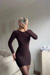 Kahverengi Mini Simli Sırt Dekolteli Abiye Elbise