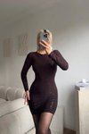 Kahverengi Mini Simli Sırt Dekolteli Abiye Elbise