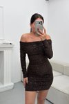 Kahverengi Simli Mini Madonna Yaka Elbise