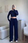Cropped Reverse Stitch Thumb Hole Two-Piece Set - Navy Blue