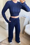 Lacivert Crop Bisiklet Yaka Ters Dikiş Parmak Geçmeli İkili Takım