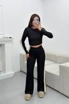 Siyah Bisiklet Yaka Garnili Bluz Pantolon İkili Takım