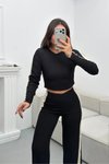 Siyah Bisiklet Yaka Garnili Bluz Pantolon İkili Takım