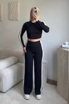 Siyah Crop Şerit Detaylı Pantolon İkili Takım