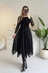 Siyah Flok Baskılı Uzun Eteği Asimetrik Elbise