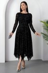 Siyah Flok Baskılı Uzun Kayık Yaka Dantel Elbise