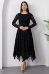 Siyah Flok Baskılı Uzun Kayık Yaka Dantel Elbise