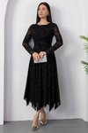Siyah Flok Baskılı Uzun Kayık Yaka Dantel Elbise