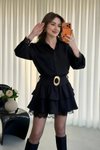 Siyah Mini Gömlek Katlı Kemerli Dantel Biyeli Elbise