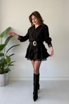 Siyah Mini Gömlek Katlı Kemerli Dantel Biyeli Elbise