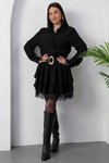 Siyah Mini Gömlek Yaka Dantel Detaylı Kemerli Elbise