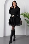 Siyah Mini Gömlek Yaka Dantel Detaylı Kemerli Elbise