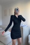 Siyah Mini Kruvaze Yaka Taşlı Elbise