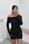Siyah Mini Simli Madonna Yaka Elbise