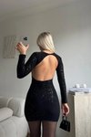Siyah Mini Sırt Dekolteli Simli Abiye Elbise
