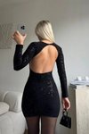 Siyah Mini Sırt Dekolteli Simli Elbise