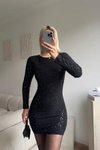 Siyah Mini Sırt Dekolteli Simli Elbise