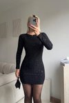 Siyah Mini Sırt Dekolteli Simli Elbise