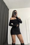 Siyah Mini Straplez Simli Madonna Yaka Elbise