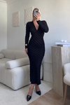 Siyah Uzun V Yaka Ters Dikiş Elbise
