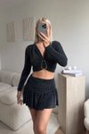 Siyah V Yaka Tokalı Crop Mini Etek Takım