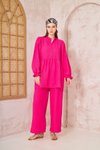 Fuşya Gofre Balon Kol Büzgülü İkili Tesettür Takım