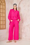 Fuşya Gofre Balon Kol Büzgülü İkili Tesettür Takım