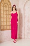 Fuşya Uzun Pliseli İnce Askılı Yırtmaçlı Elbise