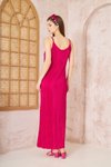 Fuşya Uzun Pliseli İnce Askılı Yırtmaçlı Elbise