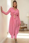Long-Sleeved Linen Shirred Waist Woven Belt Dress - Dusty Rose