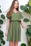 Haki Keten Beli Büzgülü Mini Elbise