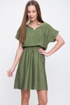 Haki Keten Beli Büzgülü Mini Elbise