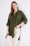 Haki Oversize Arkası Uzun Keten Tunik Gömlek