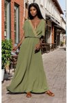 Haki Uzun Kruvaze Sırt Dekolteli Omzu Tokalı Elbise