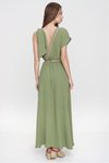 Haki Uzun Kruvaze Sırt Dekolteli Omzu Tokalı Elbise
