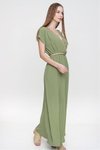 Haki Uzun Kruvaze Sırt Dekolteli Omzu Tokalı Elbise