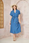 İndigo Keten Oversize Geniş Kesim Kısa Kollu Midi Elbise