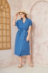 İndigo Keten Oversize Geniş Kesim Kısa Kollu Midi Elbise