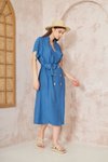 İndigo Keten Oversize Geniş Kesim Kısa Kollu Midi Elbise