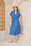 İndigo Keten Oversize Geniş Kesim Kısa Kollu Midi Elbise
