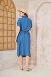 İndigo Keten Oversize Geniş Kesim Kısa Kollu Midi Elbise