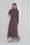 Kahverengi Krep Uzun Katlanabilir Kollu Büzgülü Elbise