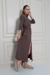 Kahverengi Krep Uzun Katlanabilir Kollu Büzgülü Elbise